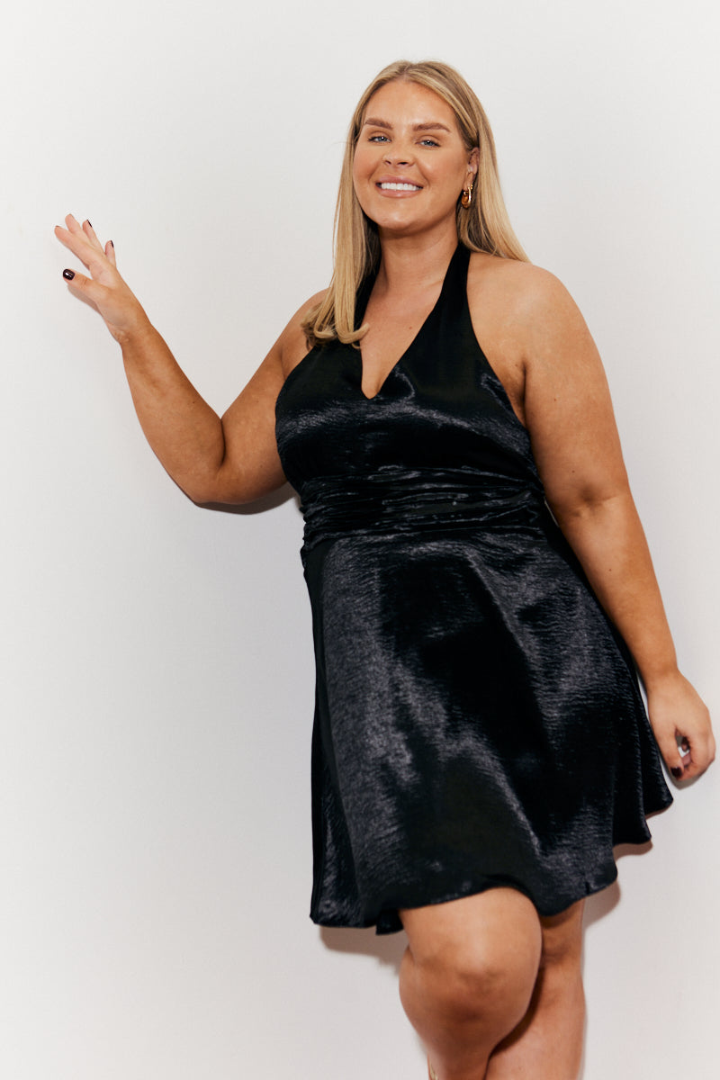 Plunge Halterneck Tie Back Satin Mini Dress