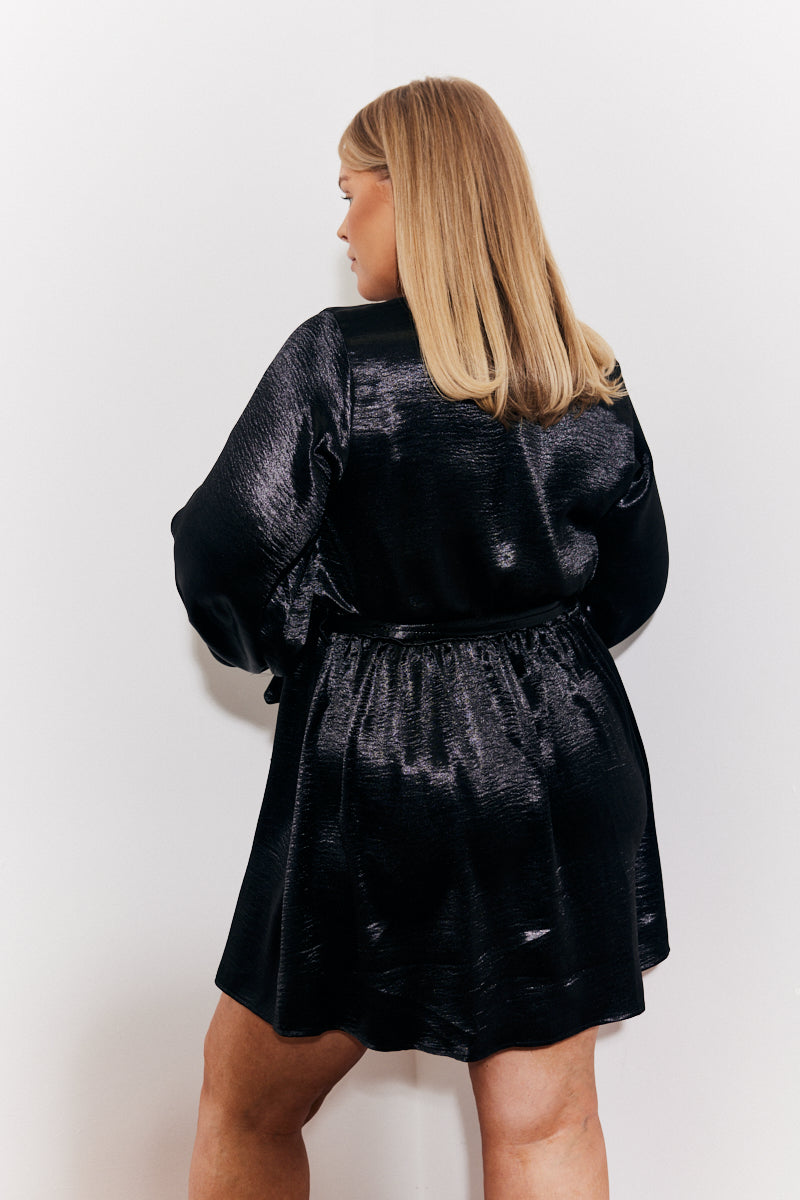 Satin Balloon Sleeve Belted Mini Dress