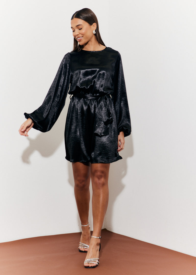 Satin Balloon Sleeve Belted Mini Dress
