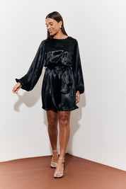Satin Balloon Sleeve Belted Mini Dress