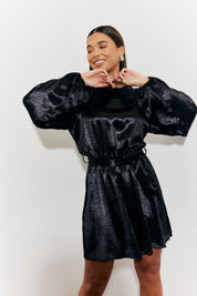 Satin Balloon Sleeve Belted Mini Dress