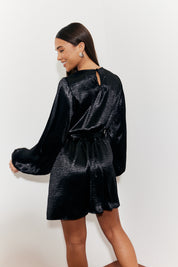 Satin Balloon Sleeve Belted Mini Dress