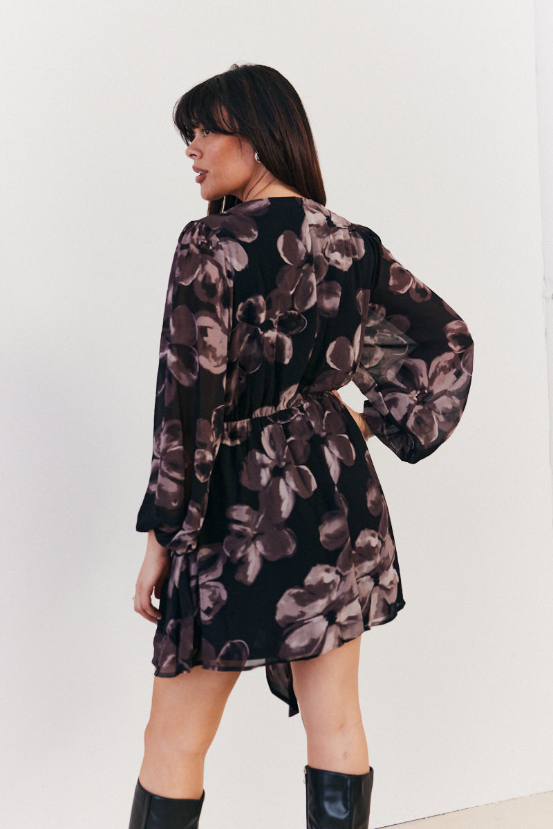 Floral Wrap Front Detail Skater Dress
