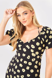 Floral Plunge Short Sleeve Midi Dress