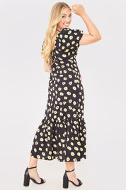 Floral Plunge Short Sleeve Midi Dress