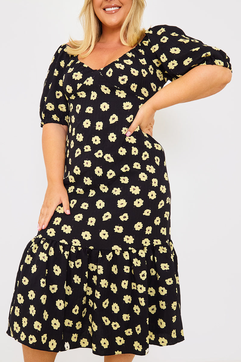 Floral Plunge Short Sleeve Midi Dress