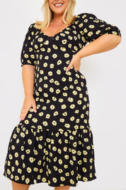 Floral Plunge Short Sleeve Midi Dress
