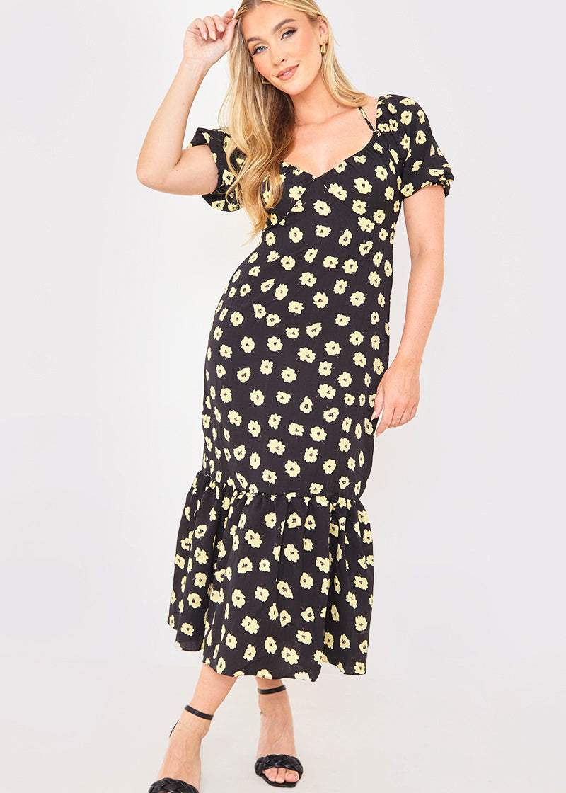 Floral Plunge Short Sleeve Midi Dress
