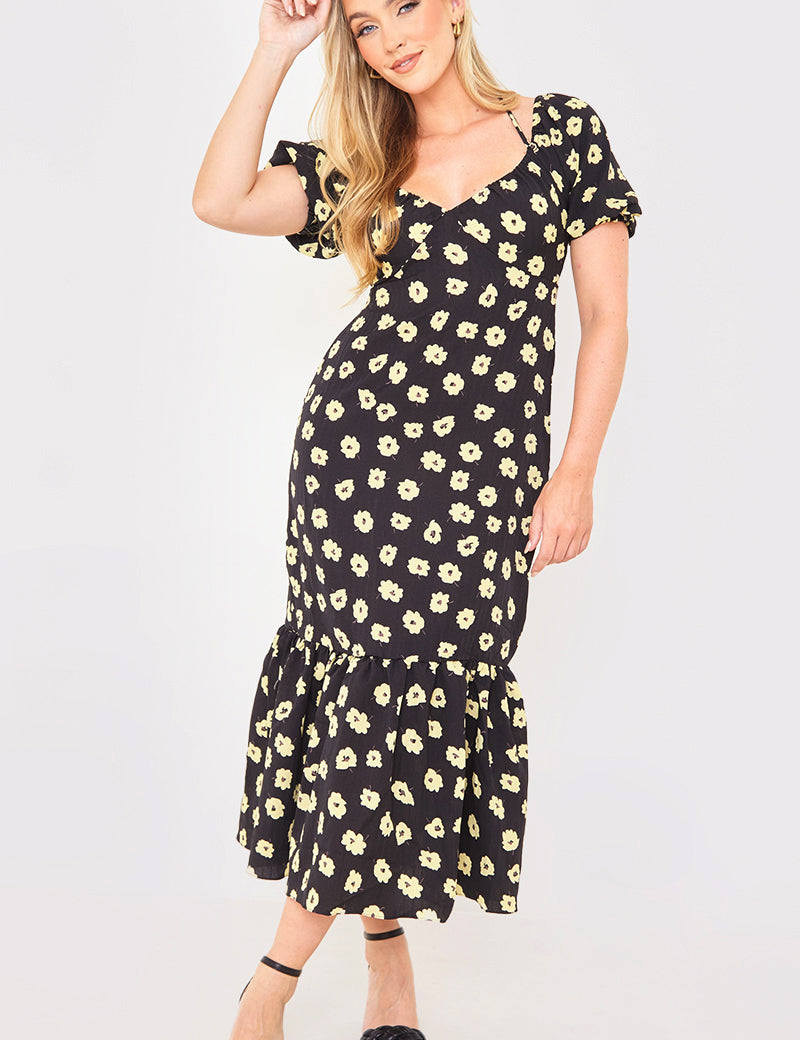 Floral Plunge Short Sleeve Midi Dress