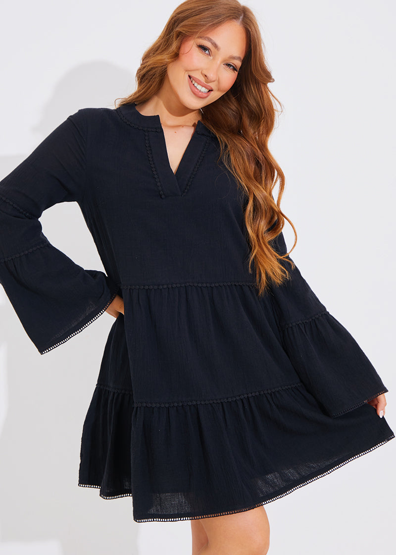 Ric Rac Braid Tielong Sleeve Smock Dress