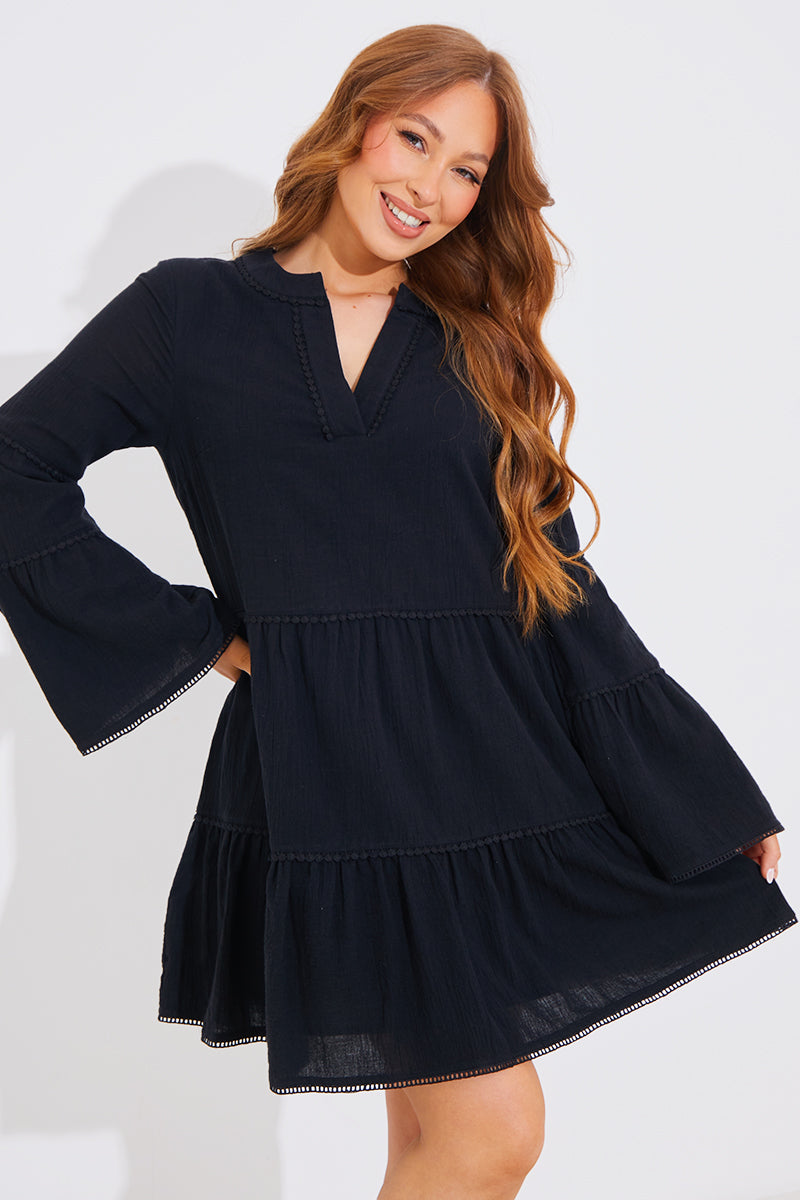 Trim Detail Tiered Long Sleeve Smock Dress – InTheStyle