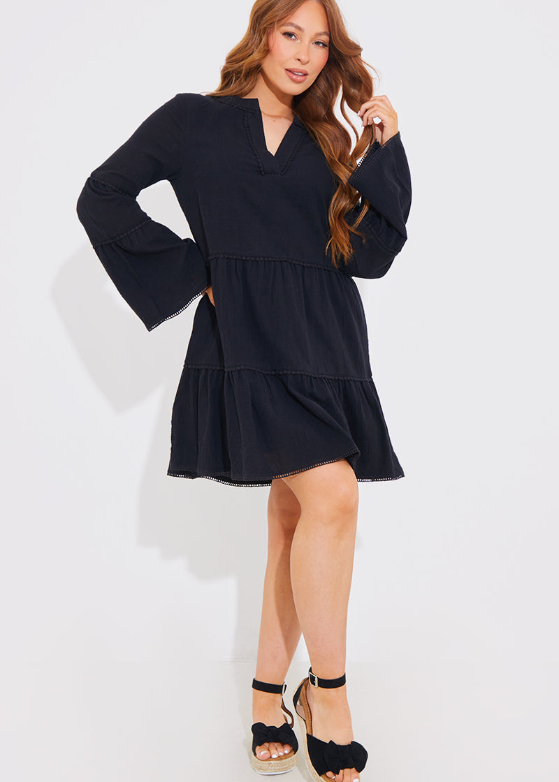 Ric Rac Braid Tielong Sleeve Smock Dress