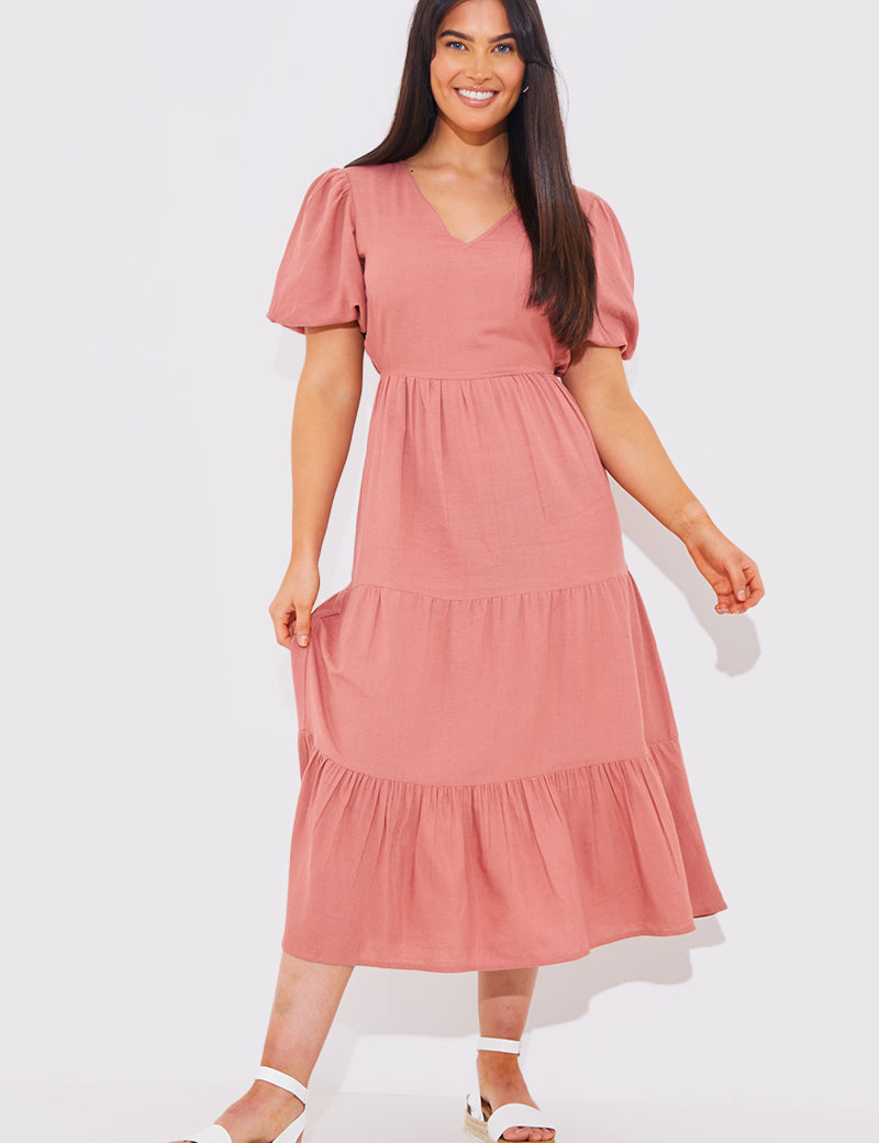 Rust V Neck Tiered Smock Midaxi Dress