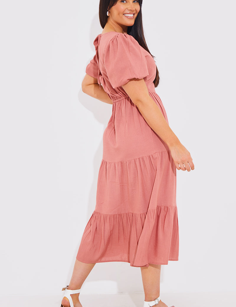 Rust V Neck Tiered Smock Midaxi Dress