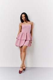 Red Seersucker Gingham Shirred Mini Dress