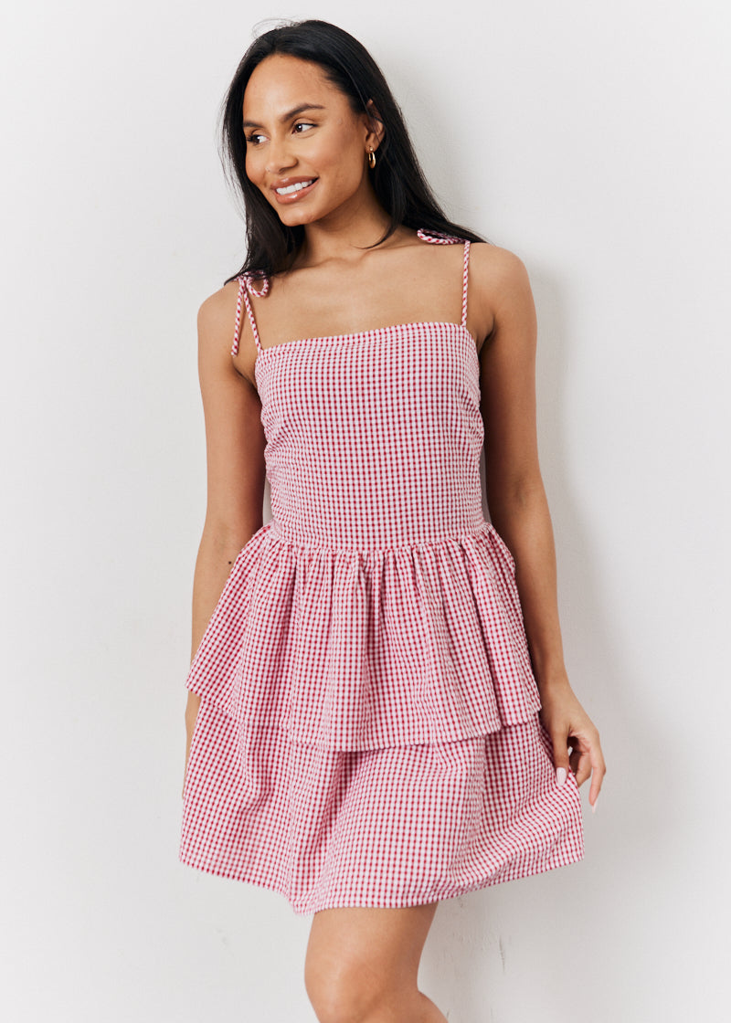 Red Seersucker Gingham Shirred Mini Dress