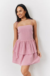 Red Seersucker Gingham Shirred Mini Dress