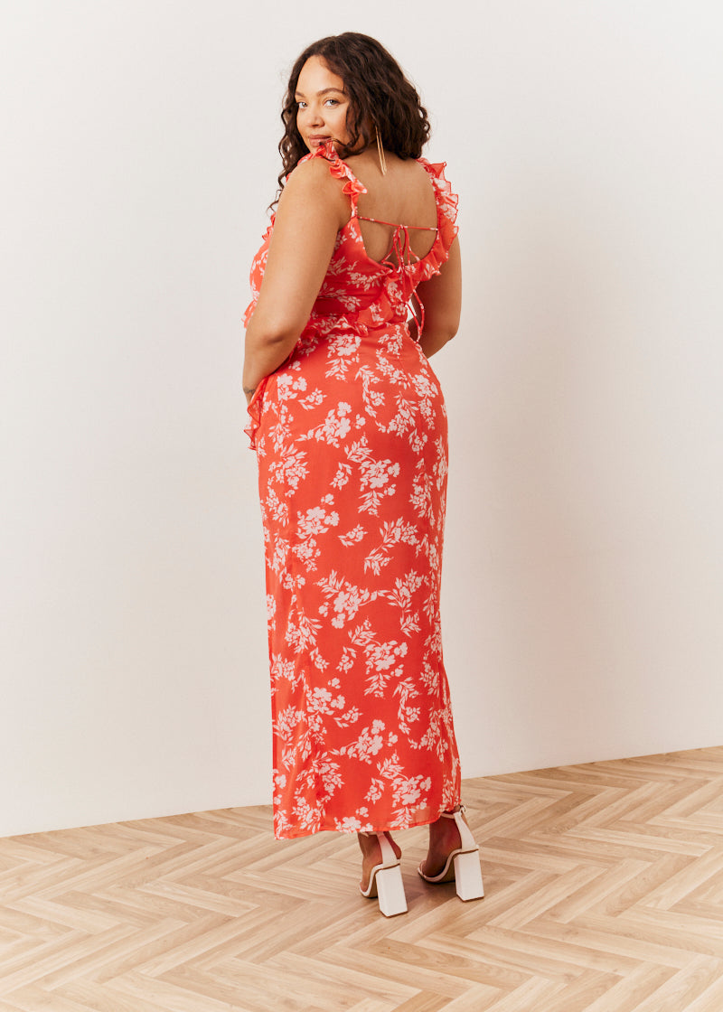 Coral Floral Print Chiffon Frill Detail Maxi Dress