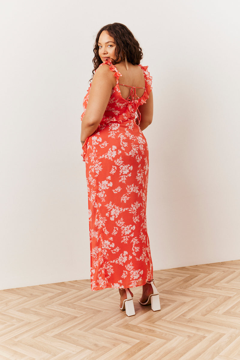 Coral Floral Print Chiffon Frill Detail Maxi Dress