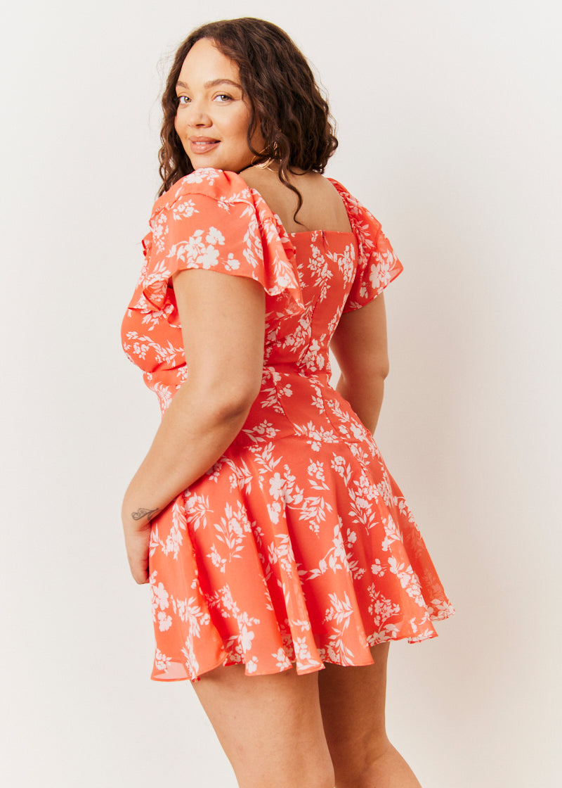 Coral Floral Print Chiffon Flutter Sleeve Mini Dress