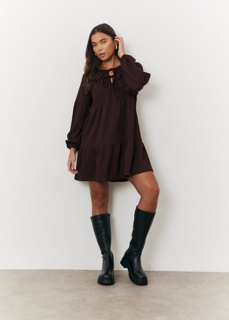 Textured Tie Front Detail Smock Dress