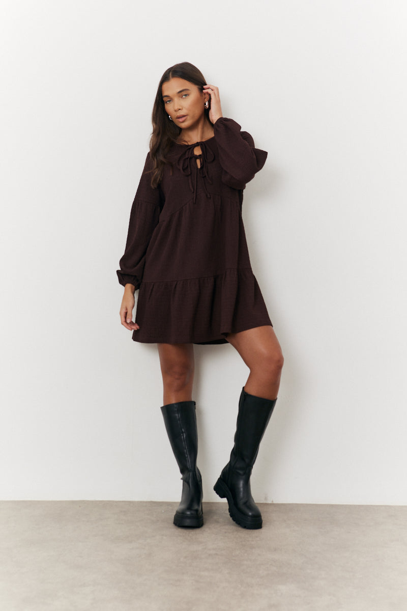 Brown Textured Tie Front Detail Smock Dress