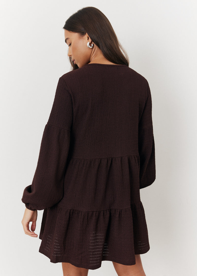 Textured Tie Front Detail Smock Dress