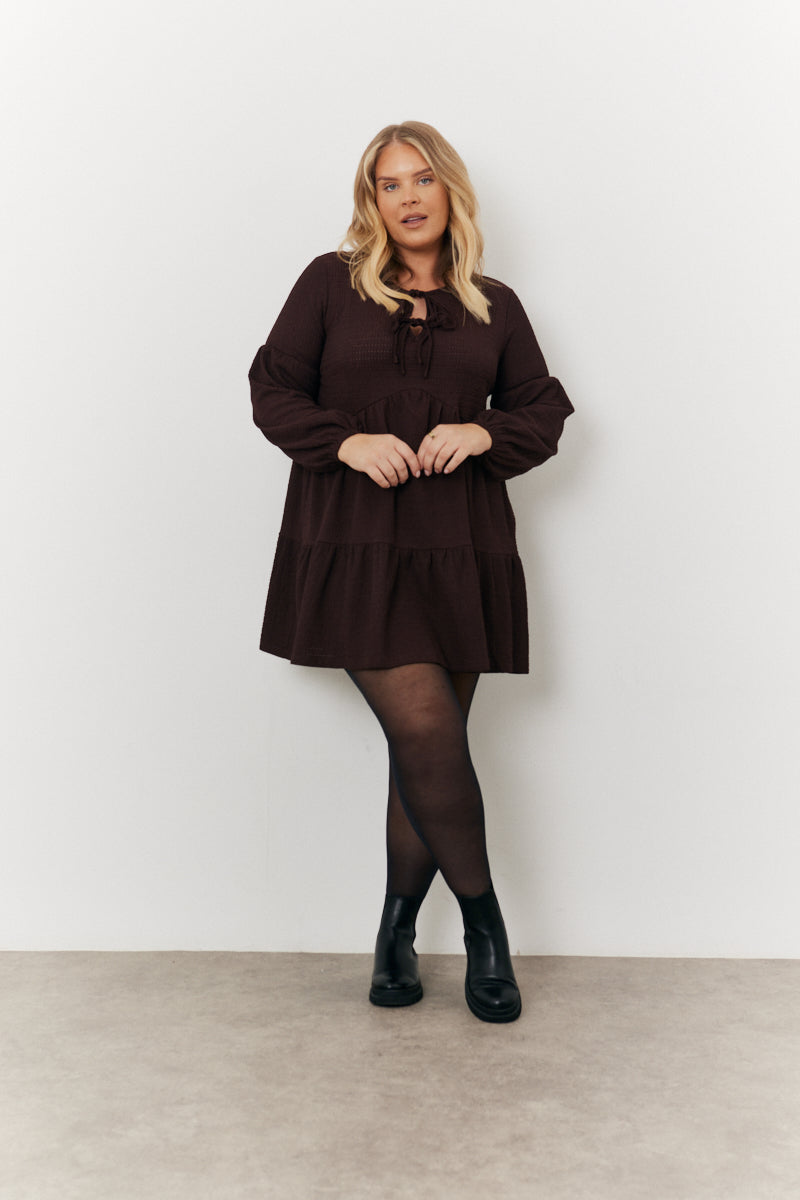 Brown Textured Tie Front Detail Smock Dress InTheStyle Brown Textured Tie Front Detail Smock Dress InTheStyle