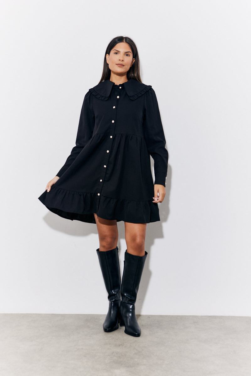 Black Peter Pan Collared Button up Smock Dress