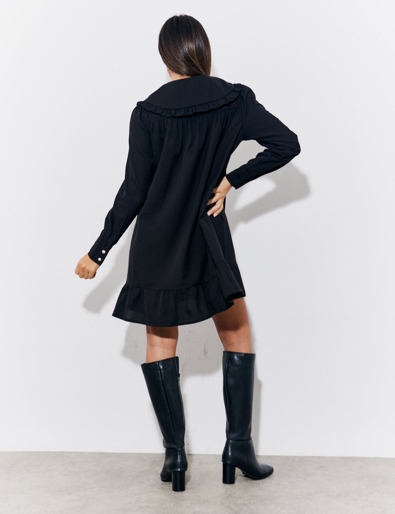 Black Peter Pan Collared Button up Smock Dress