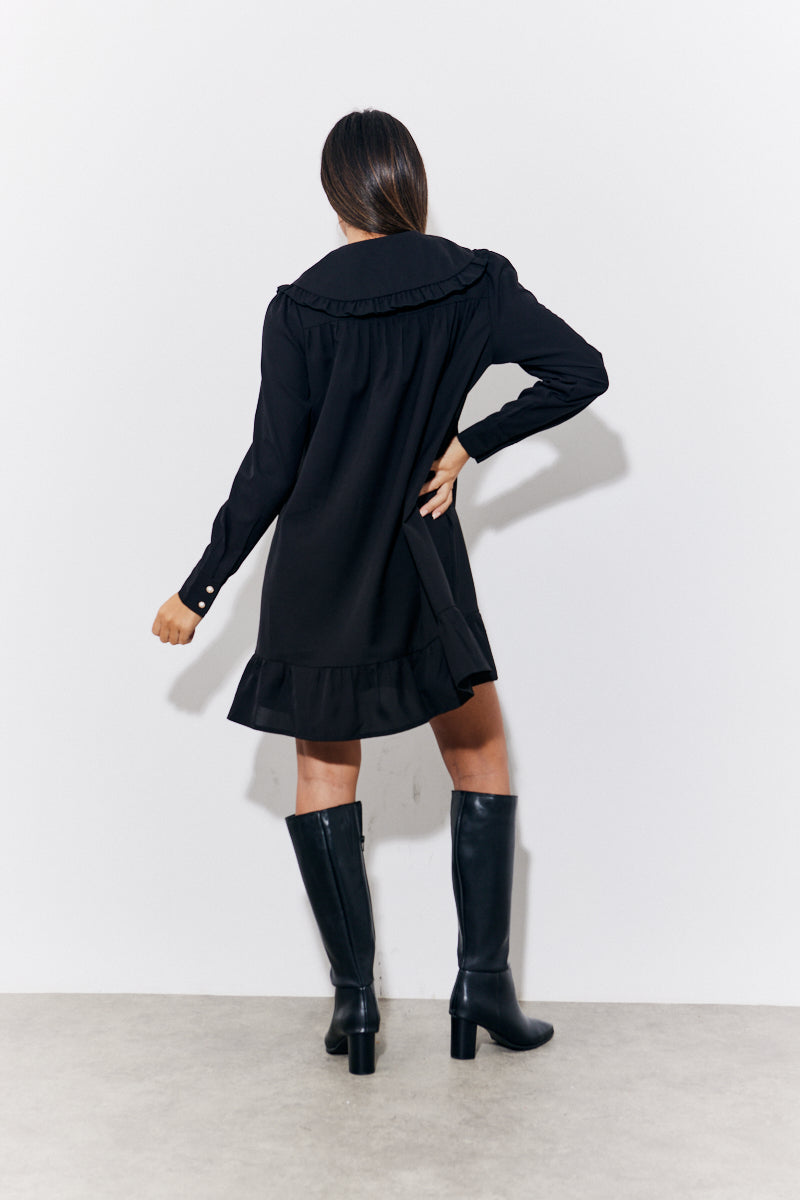 Black Peter Pan Collared Button up Smock Dress