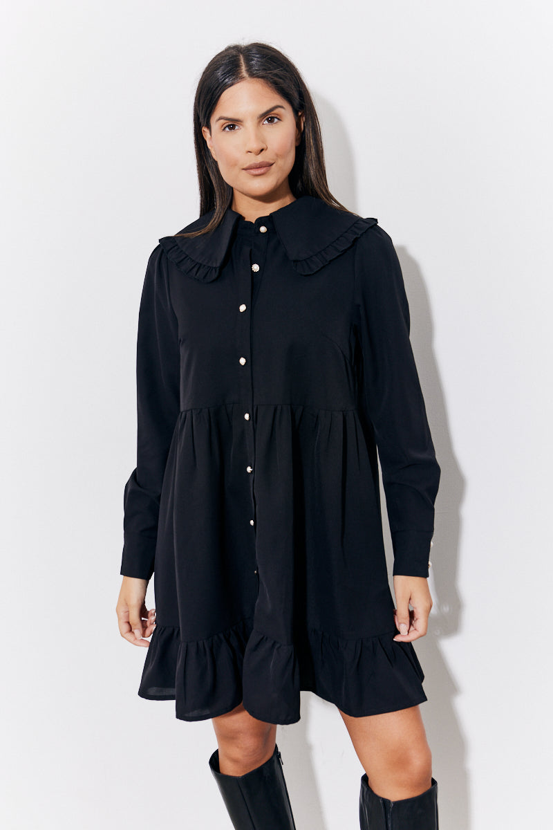 Black Peter Pan Collared Button up Smock Dress