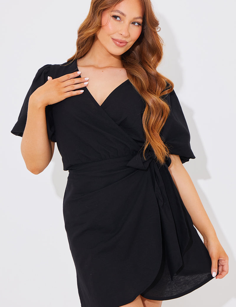 Wrap Linen Look Mini Dress