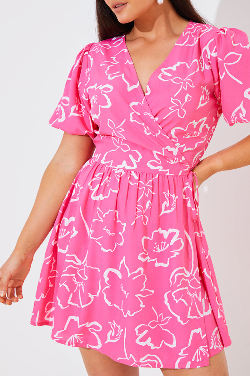 Large Floral Puff Sleeve Wrap Mini Dress