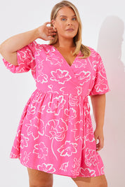 Large Floral Puff Sleeve Wrap Mini Dress