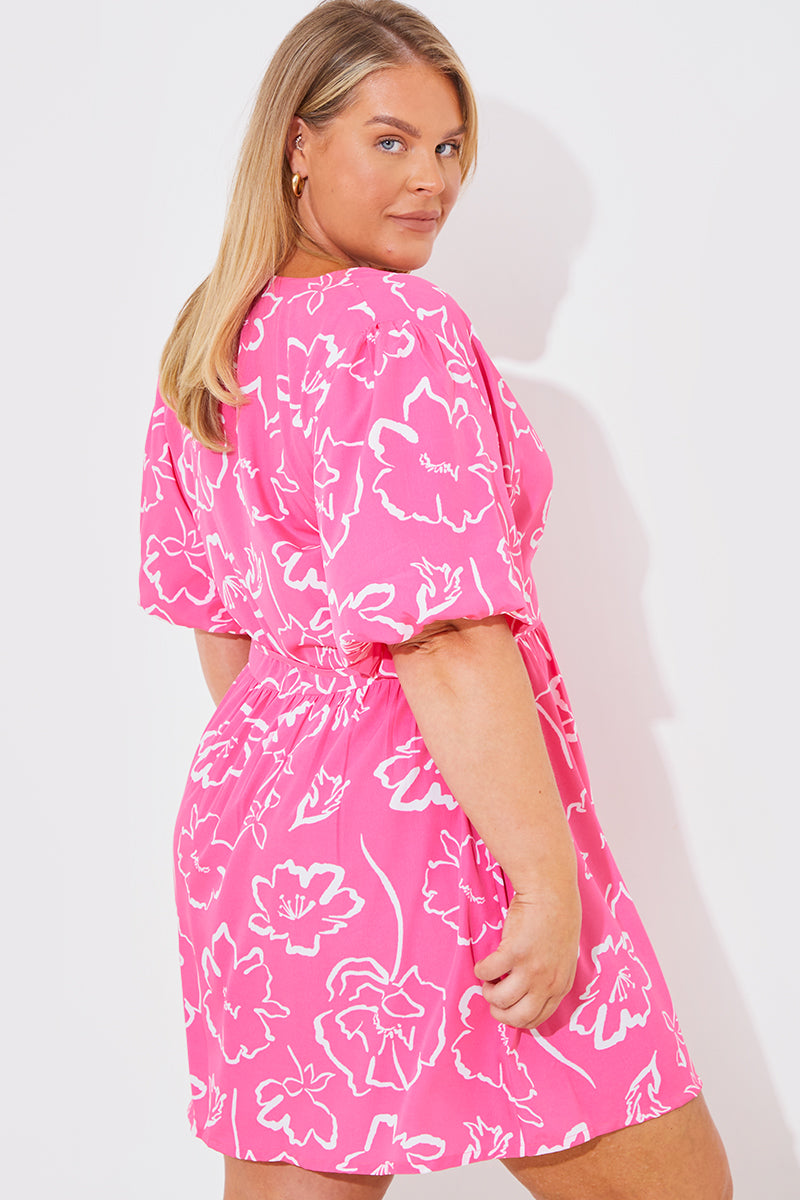 Large Floral Puff Sleeve Wrap Mini Dress