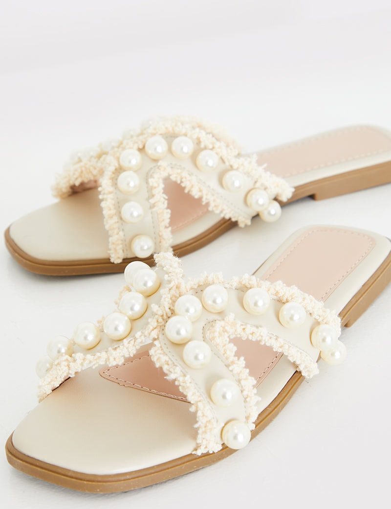 Borg And Pearl Detail Criss Cross Flat Sandal