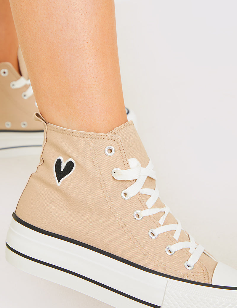 Embroidered Heart Detail Lace Up High Top Trainers