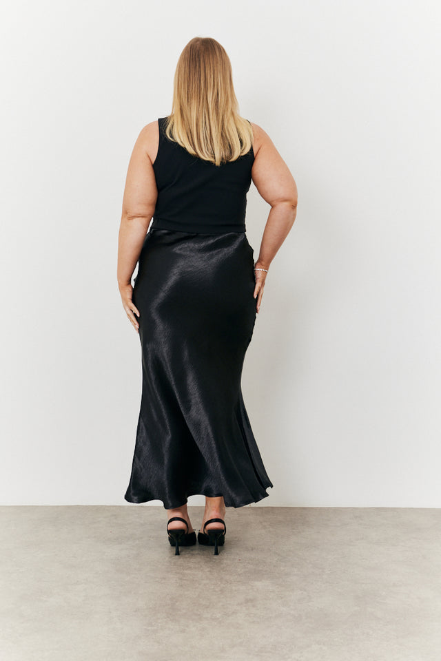 Keep Polished Satin High Rise Bias Cut Drape Maxi Skirt