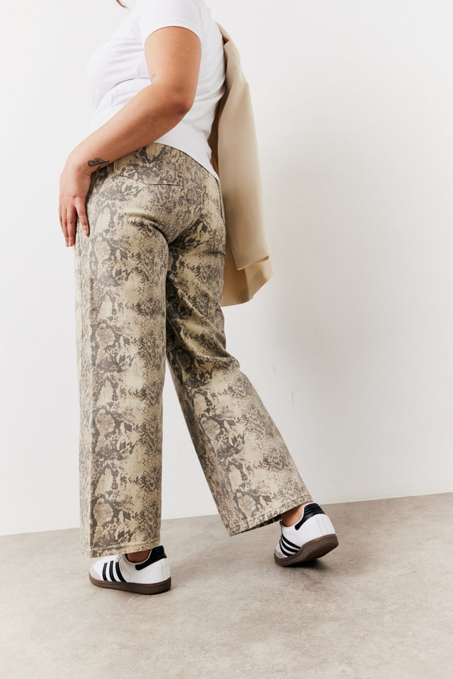 Beige PU Snake Print Leather Straight Leg Trousers - Jodie