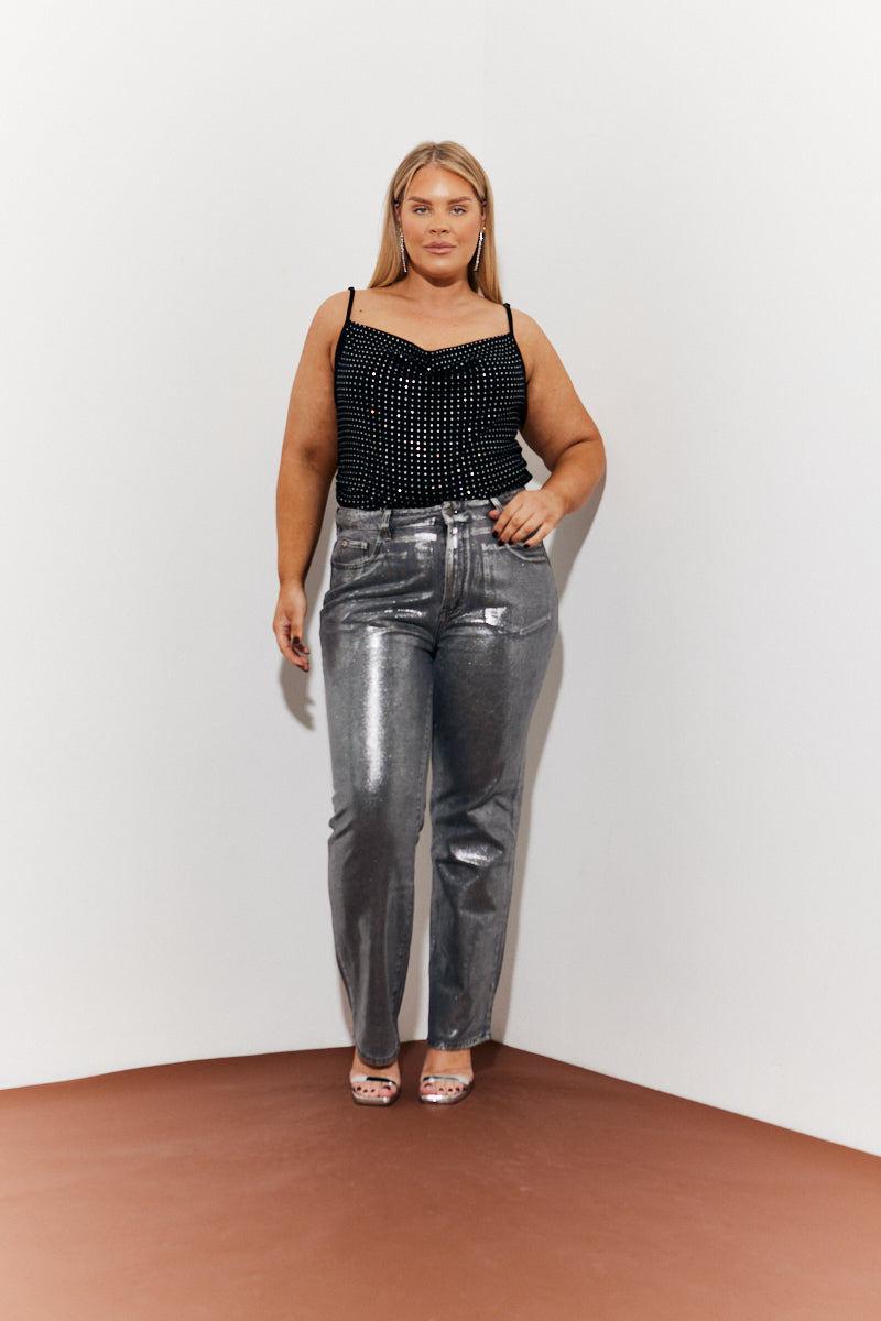 Wide Leg Silver Foil Detail High Waisted Jeans