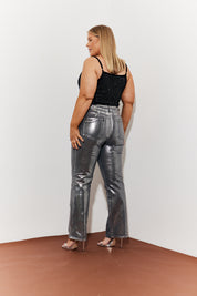 Wide Leg Silver Foil Detail High Waisted Jeans