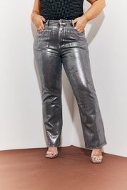 Wide Leg Silver Foil Detail High Waisted Jeans