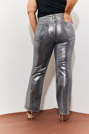 Wide Leg Silver Foil Detail High Waisted Jeans
