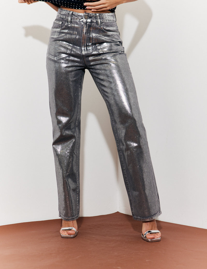 Wide Leg Silver Foil Detail High Waisted Jeans