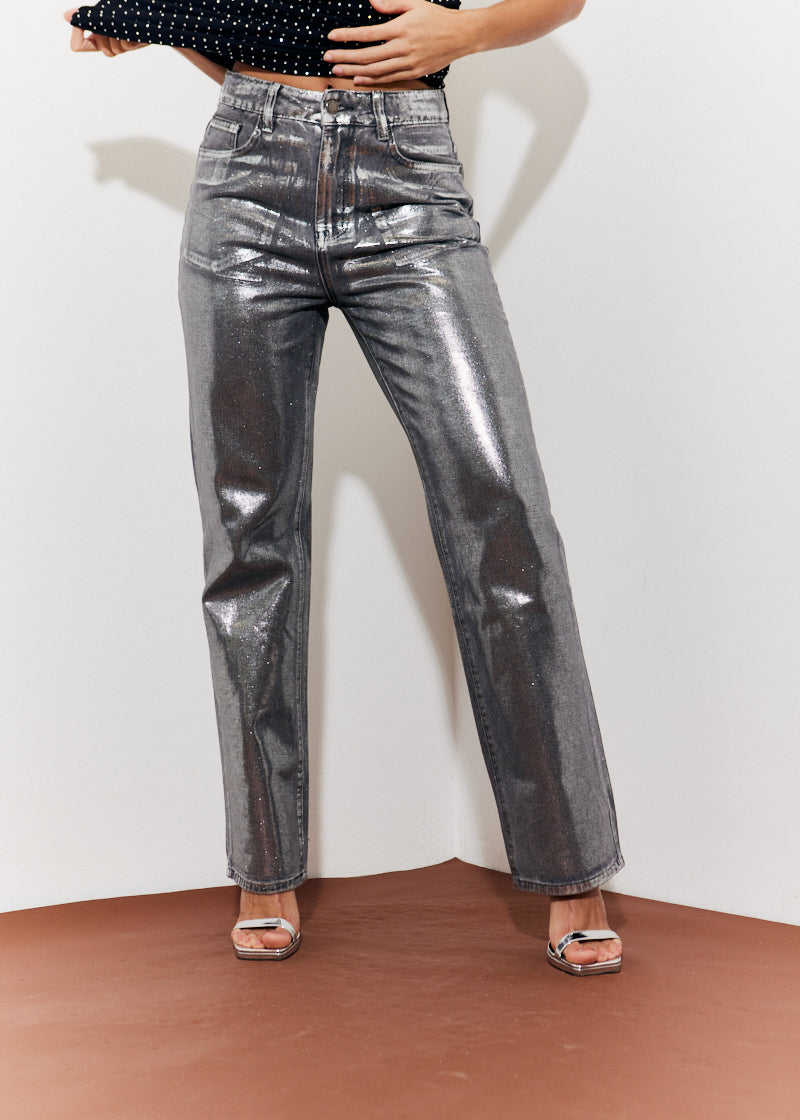 Wide Leg Silver Foil Detail High Waisted Jeans