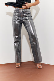Wide Leg Silver Foil Detail High Waisted Jeans