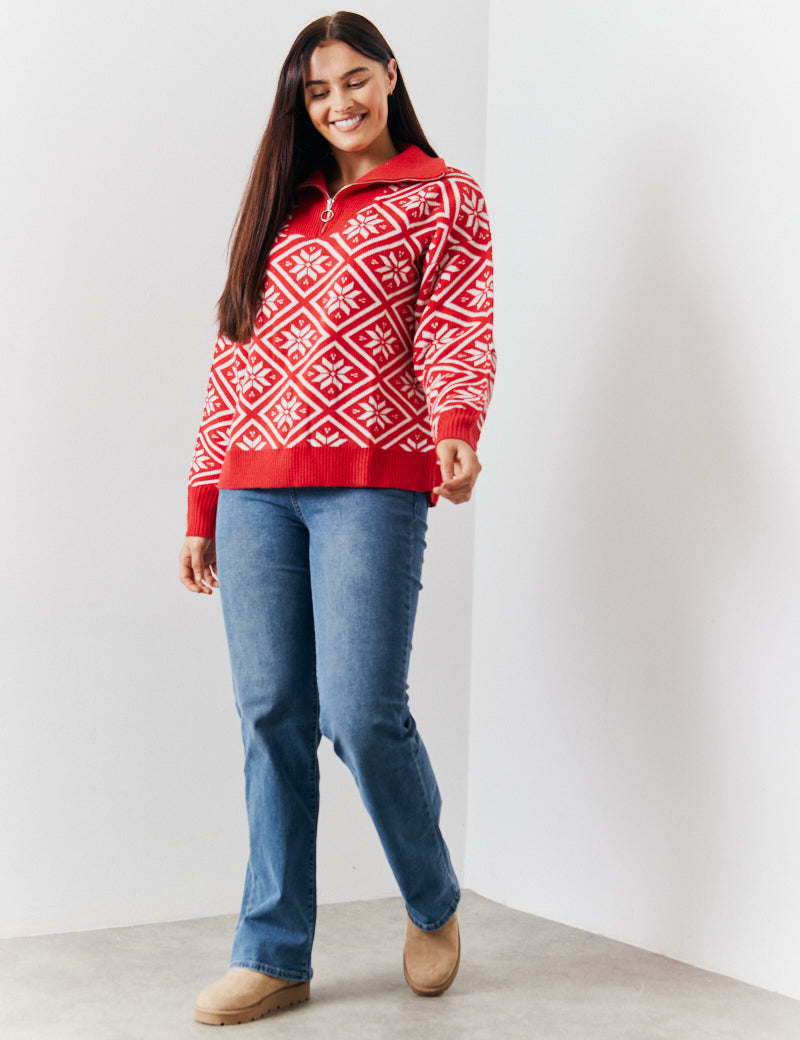 Half Zip Snowflake Fair Isle Knit Jumper