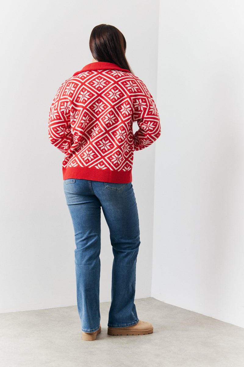 Half Zip Snowflake Fair Isle Knit Jumper