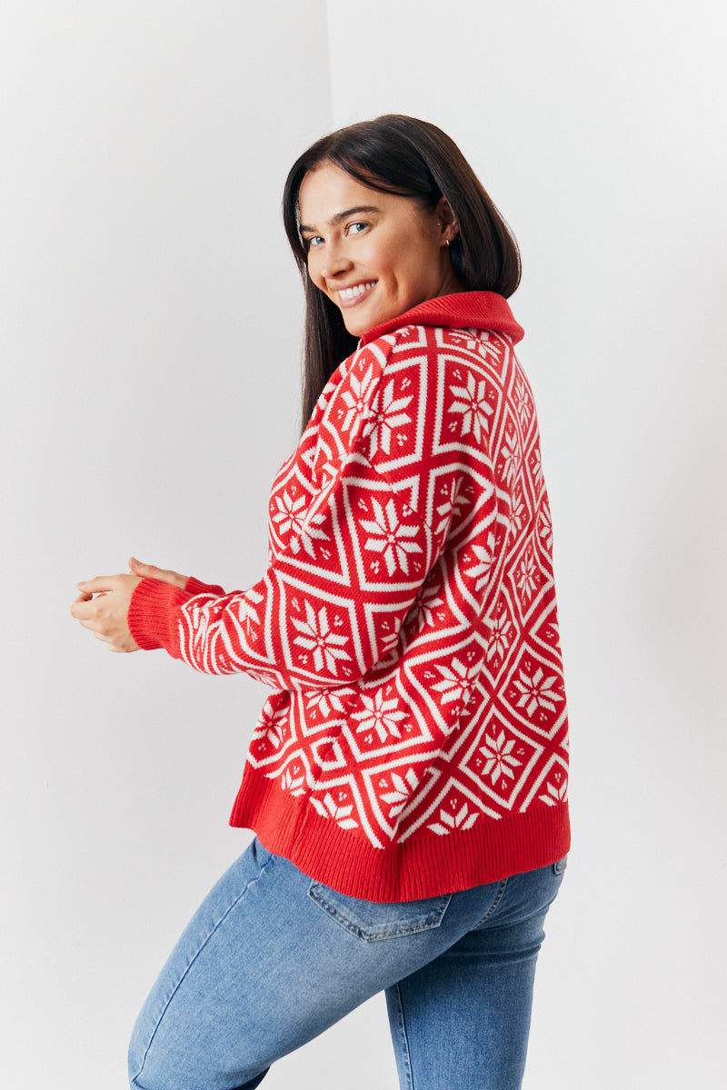Half Zip Snowflake Fair Isle Knit Jumper